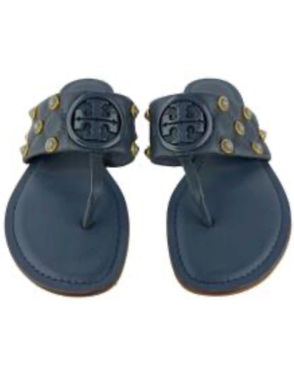 Tory Burch Navy Leather Logo Thong Sandals with Gold Studs